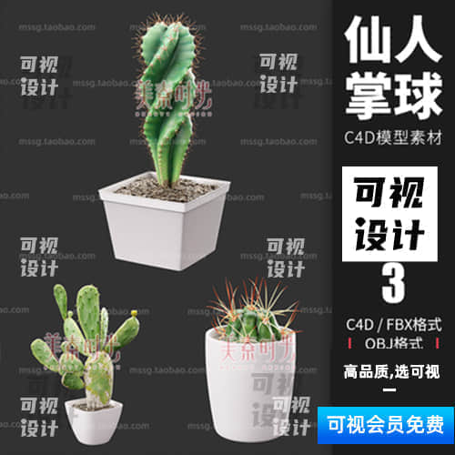 【仙人掌模型】C4D仙人掌仙人球植物盆景栽绿植室内装饰模型3D渲染OC素材